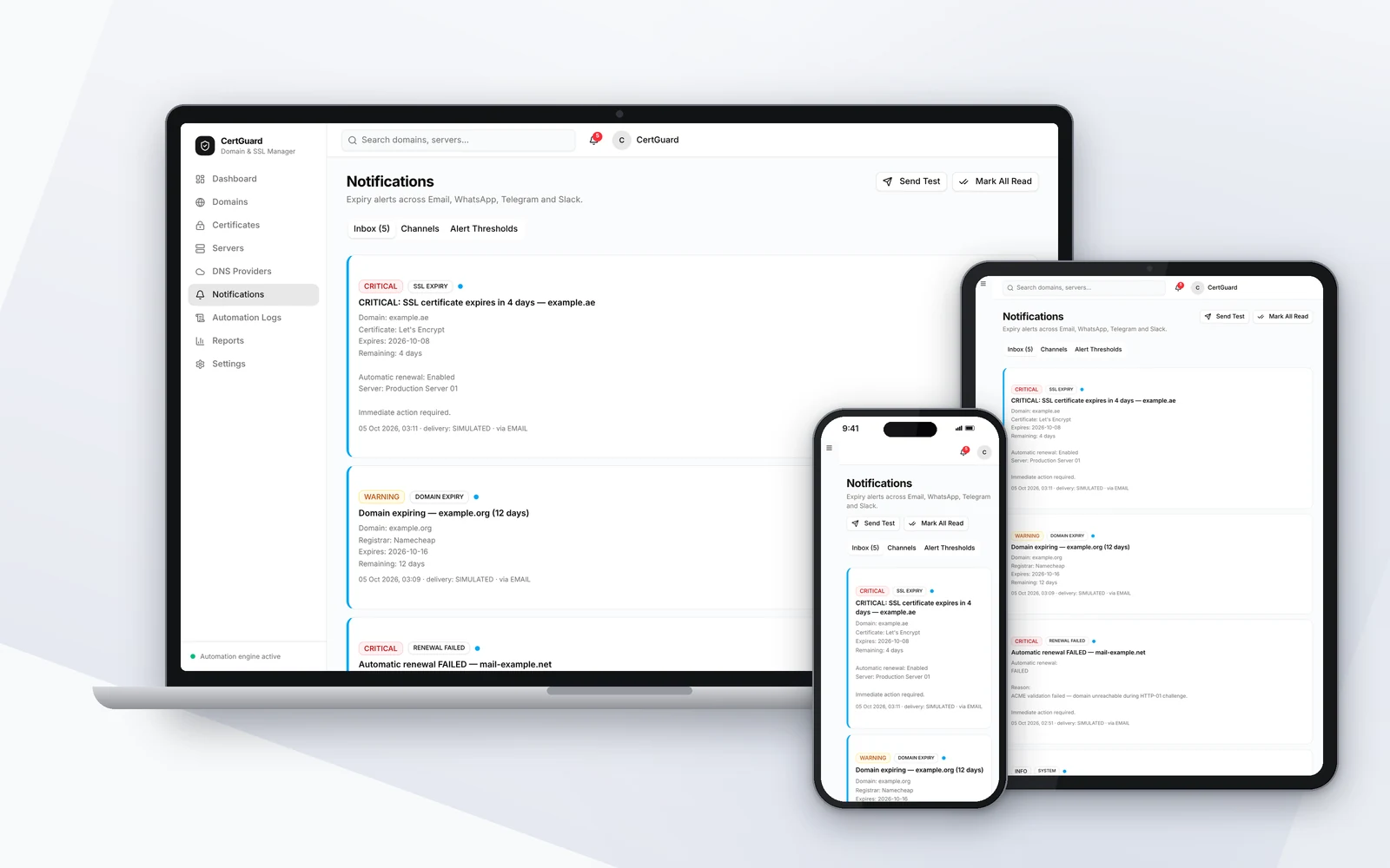 CertGuard notification inbox with critical expiry alerts