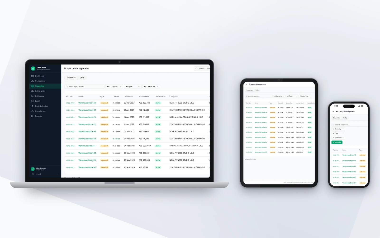Property register with plots, lease numbers, annual rent and status