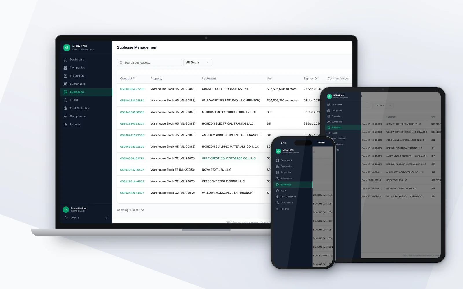 Sublease management table with contract values and expiry dates