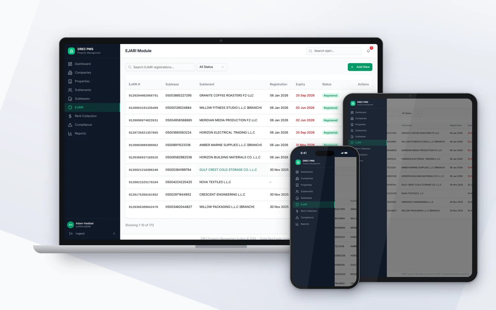 EJARI registration tracking with status and expiry