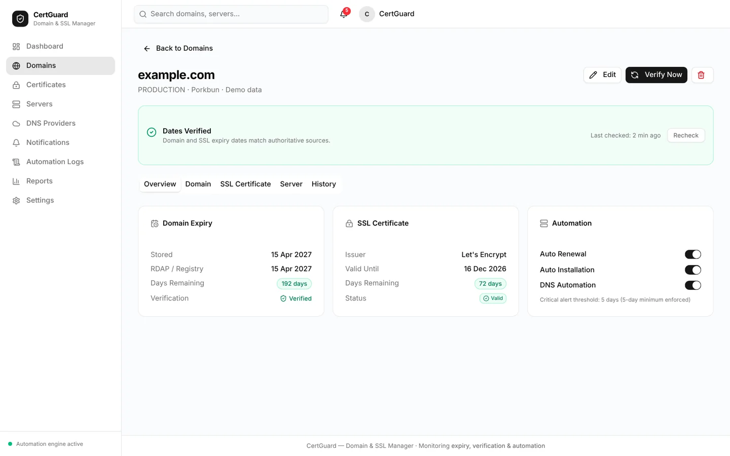 CertGuard — domain detail desktop full