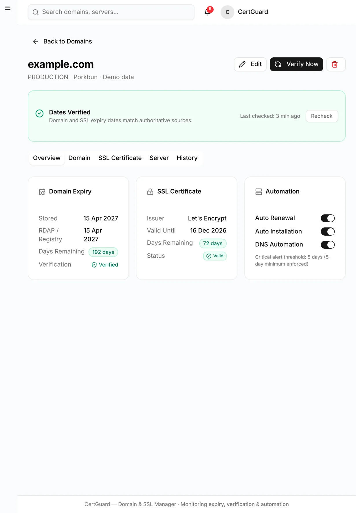 CertGuard — domain detail tablet