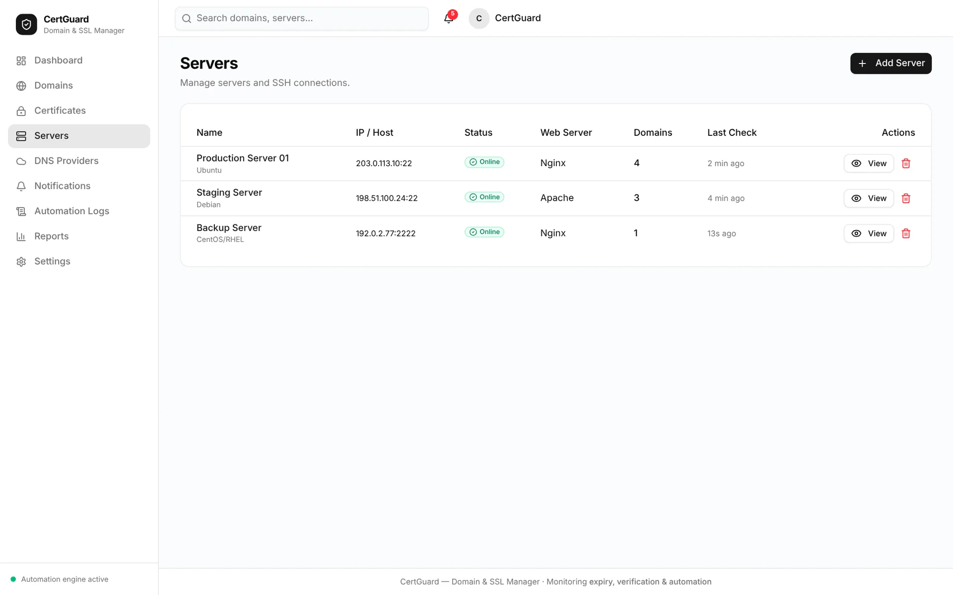 CertGuard — servers desktop
