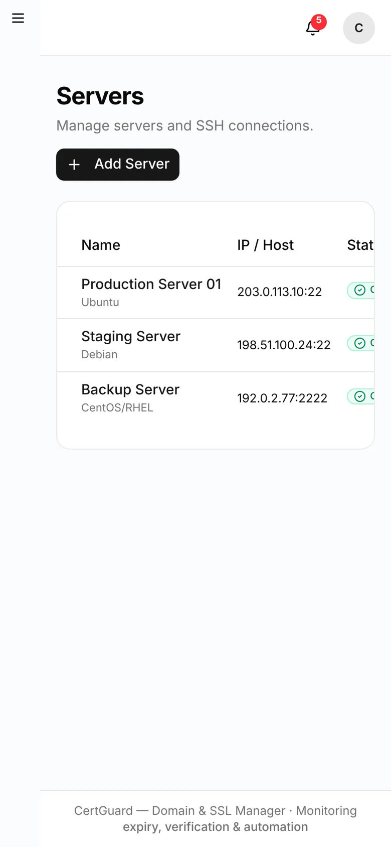 CertGuard — servers mobile