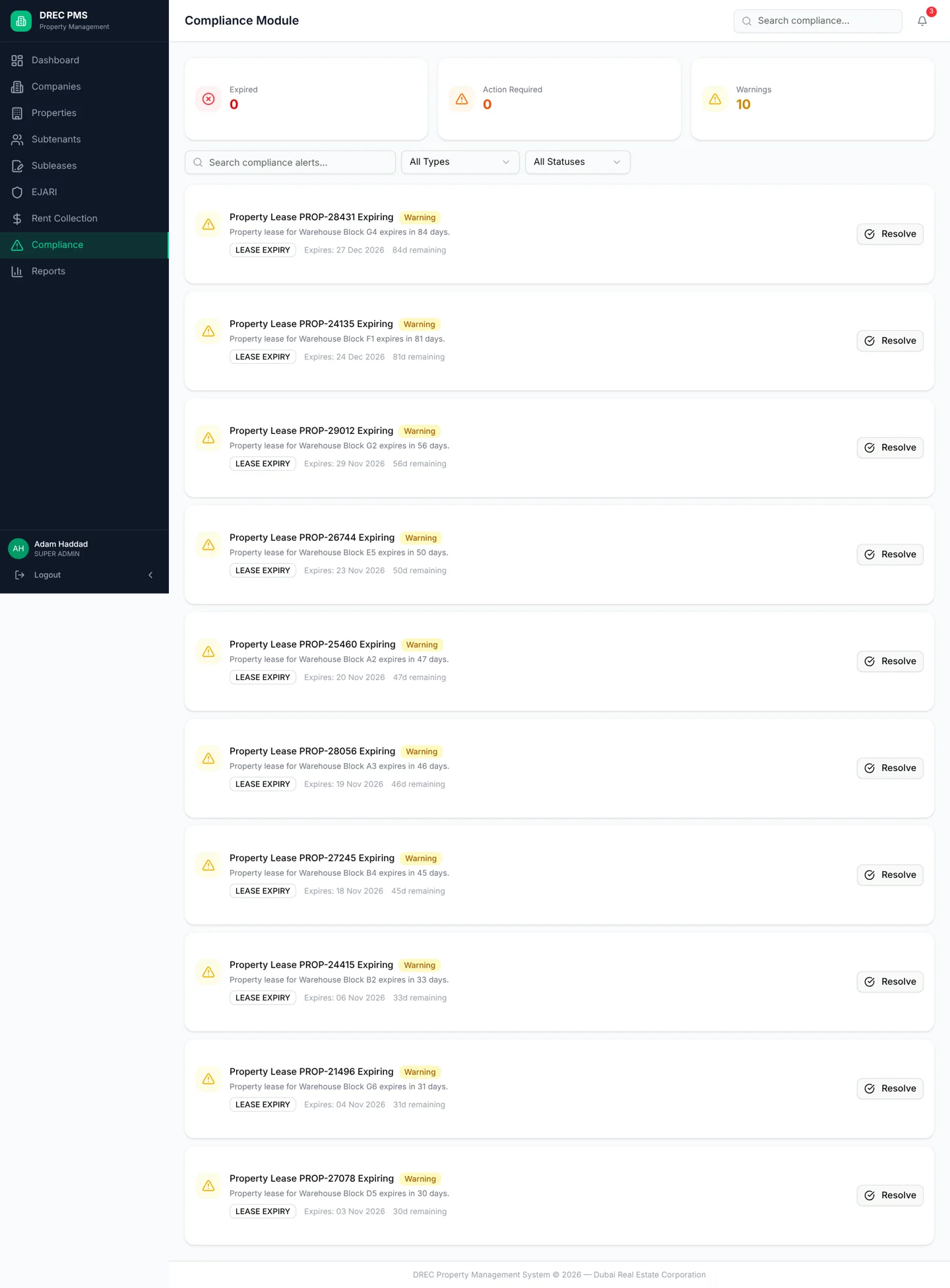 DREC Property Management System — compliance desktop full