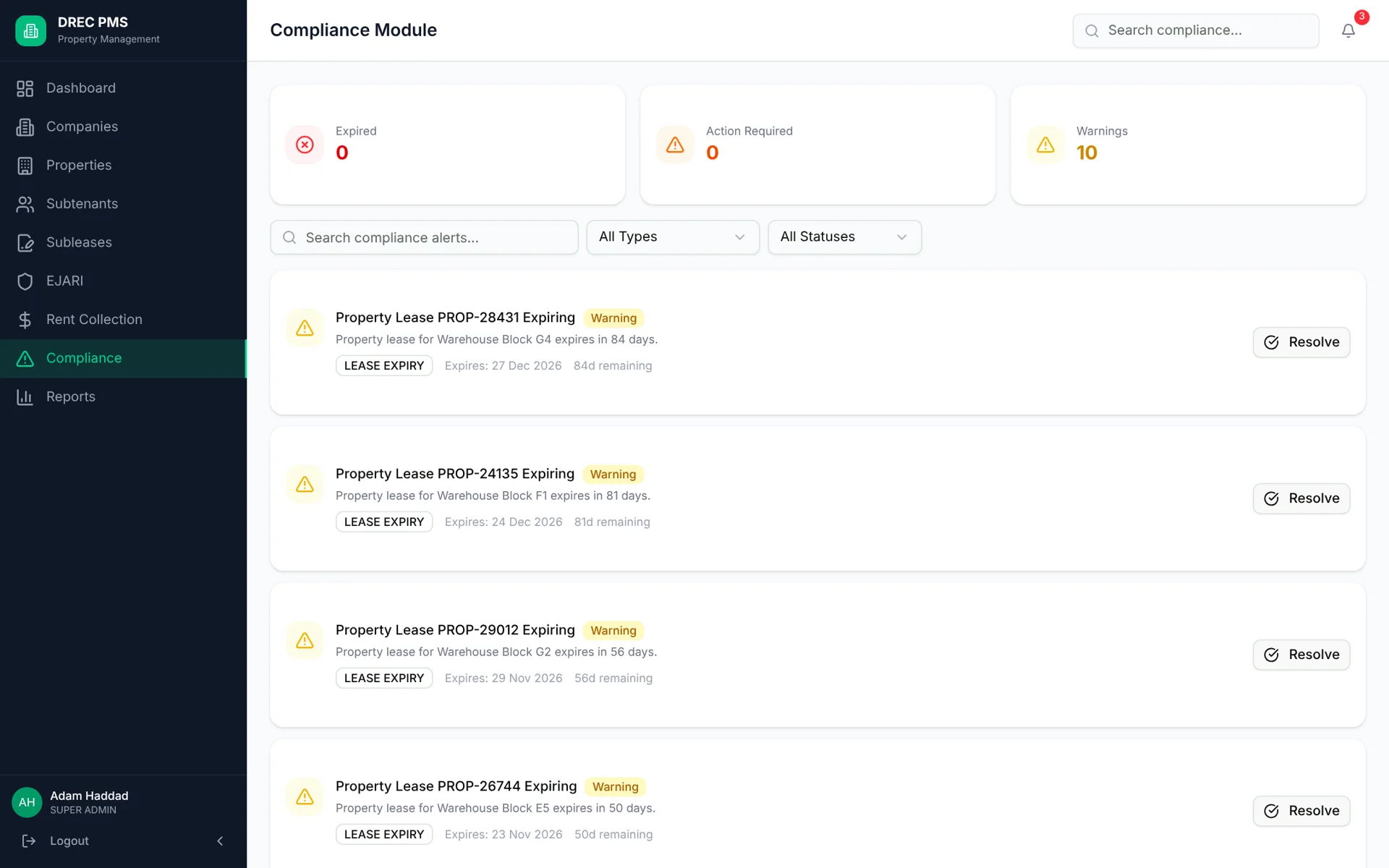 DREC Property Management System — compliance desktop