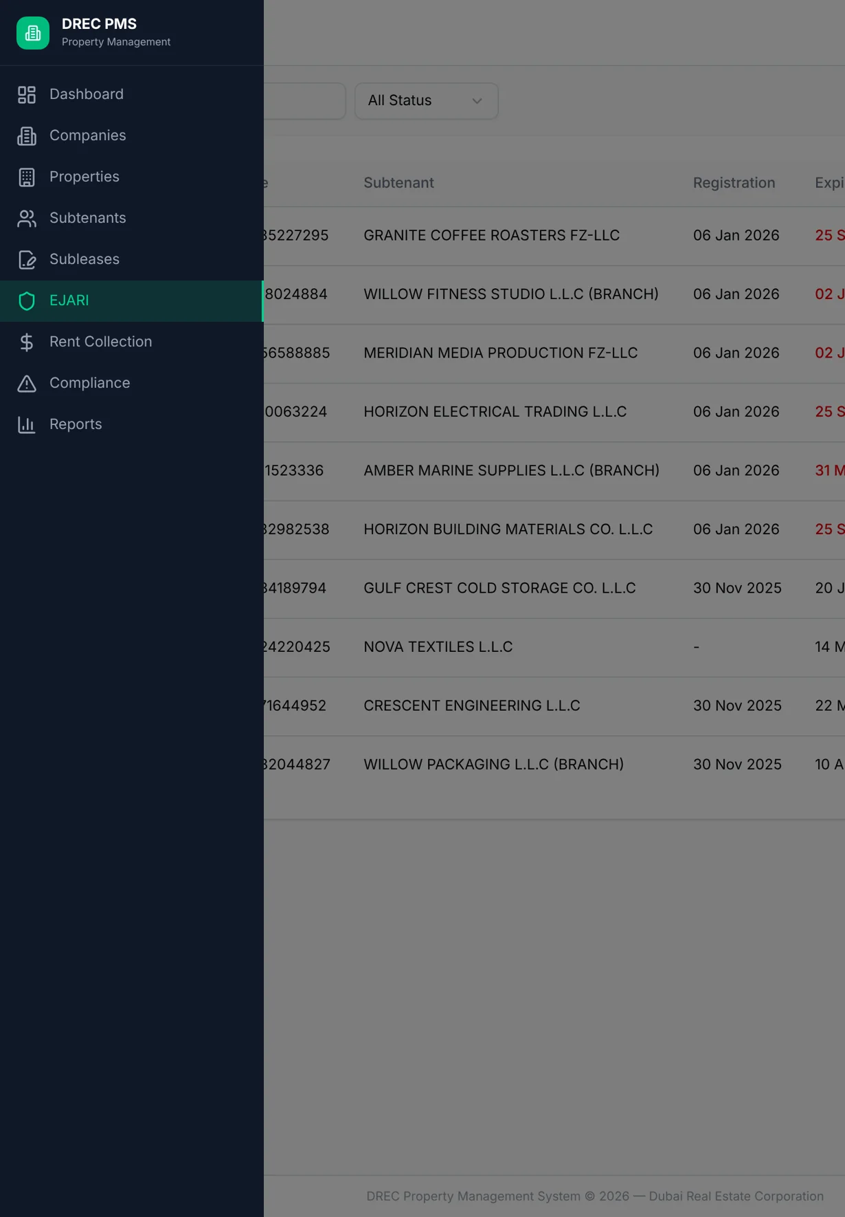 DREC Property Management System — ejari tablet