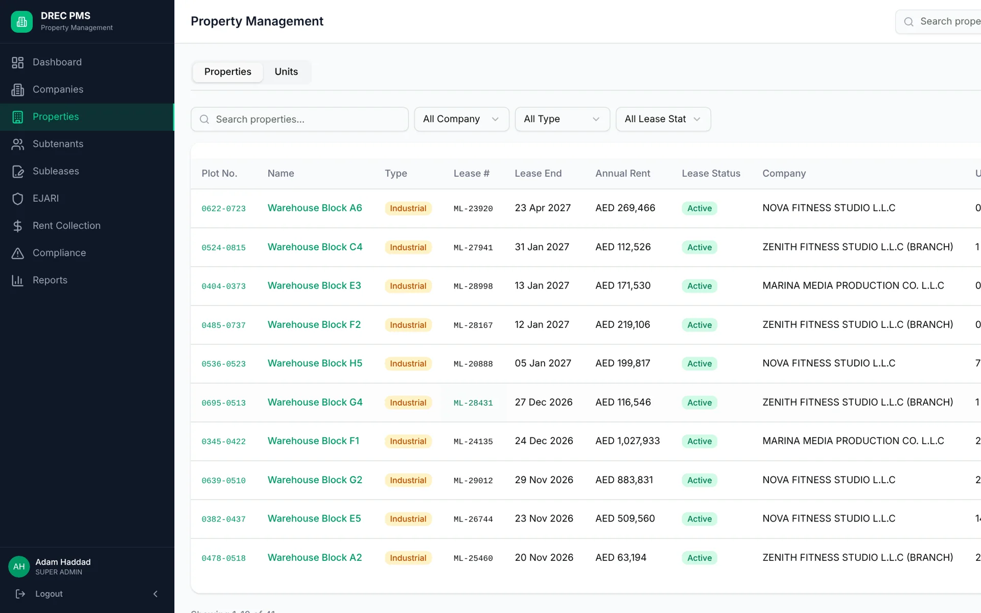 DREC Property Management System — properties desktop