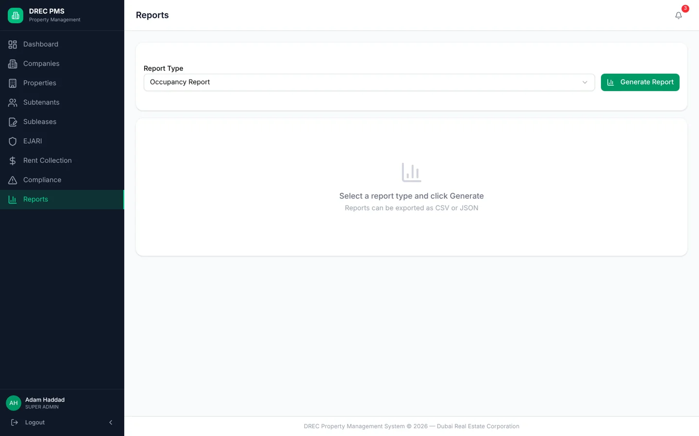 DREC Property Management System — reports desktop full
