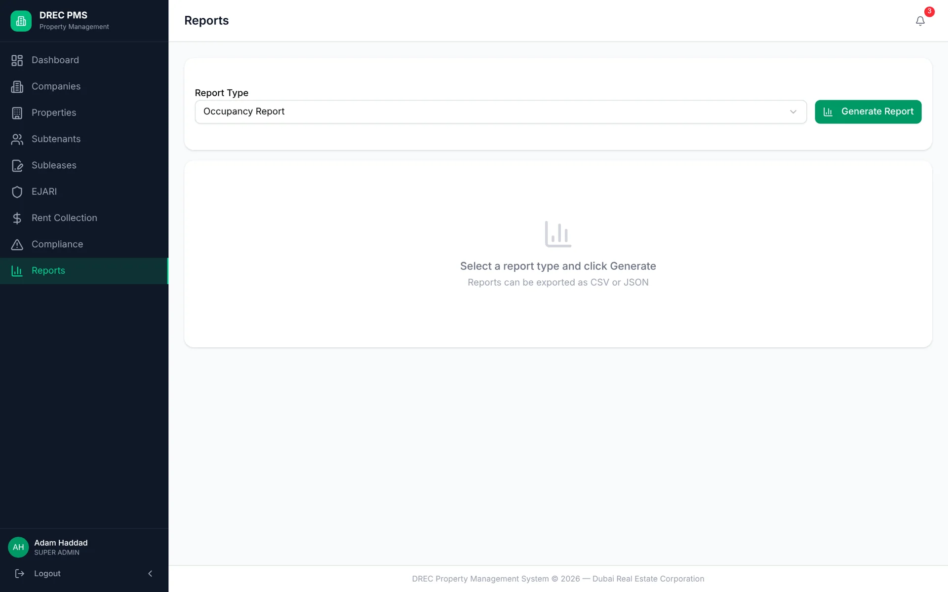 DREC Property Management System — reports desktop