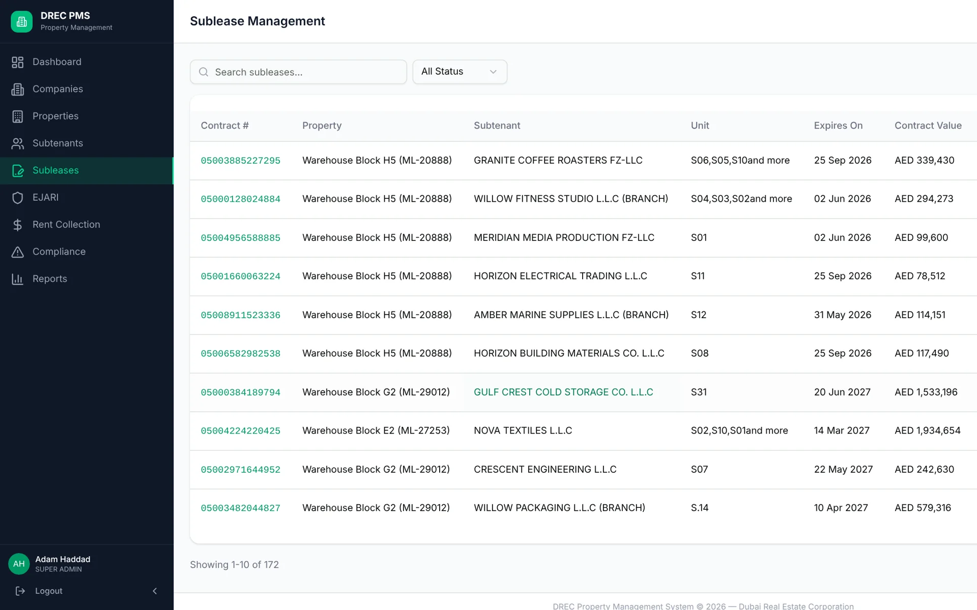 DREC Property Management System — subleases desktop