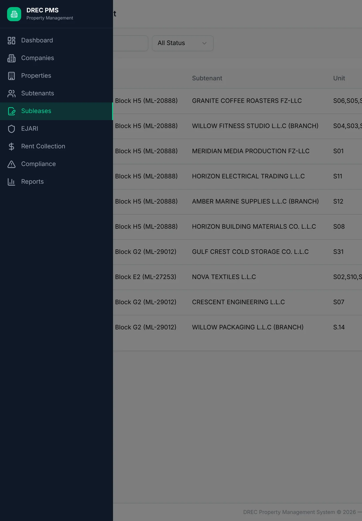 DREC Property Management System — subleases tablet