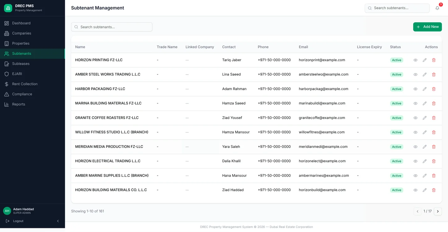 DREC Property Management System — subtenants desktop full