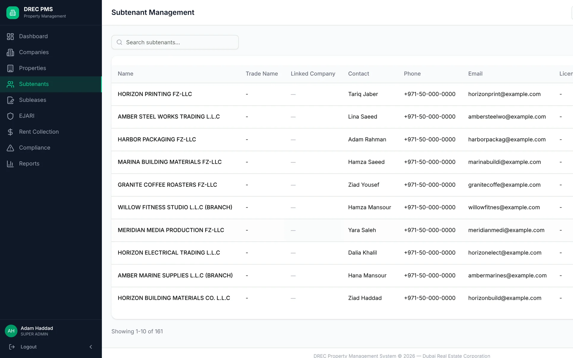 DREC Property Management System — subtenants desktop